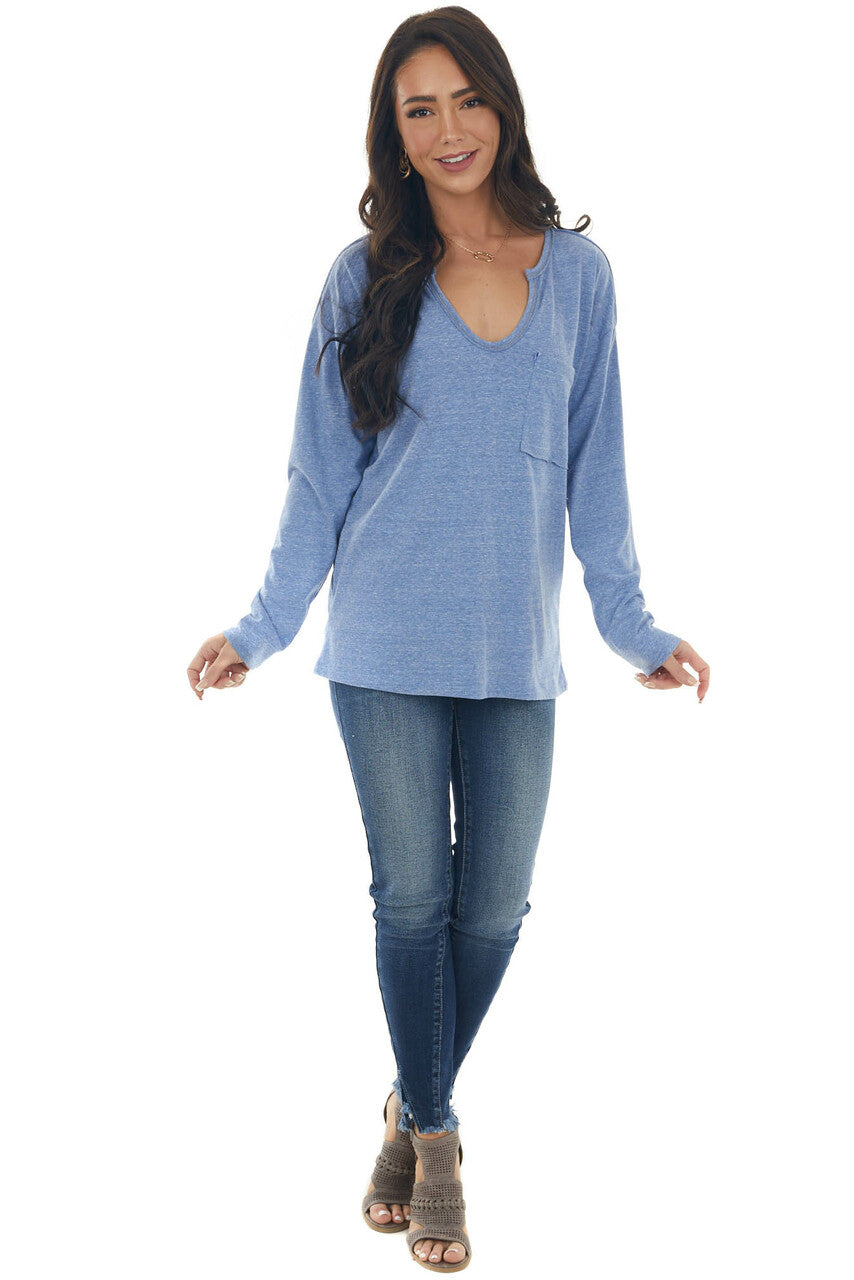 Heathered Blue Notch Neck Chest Pocket Top