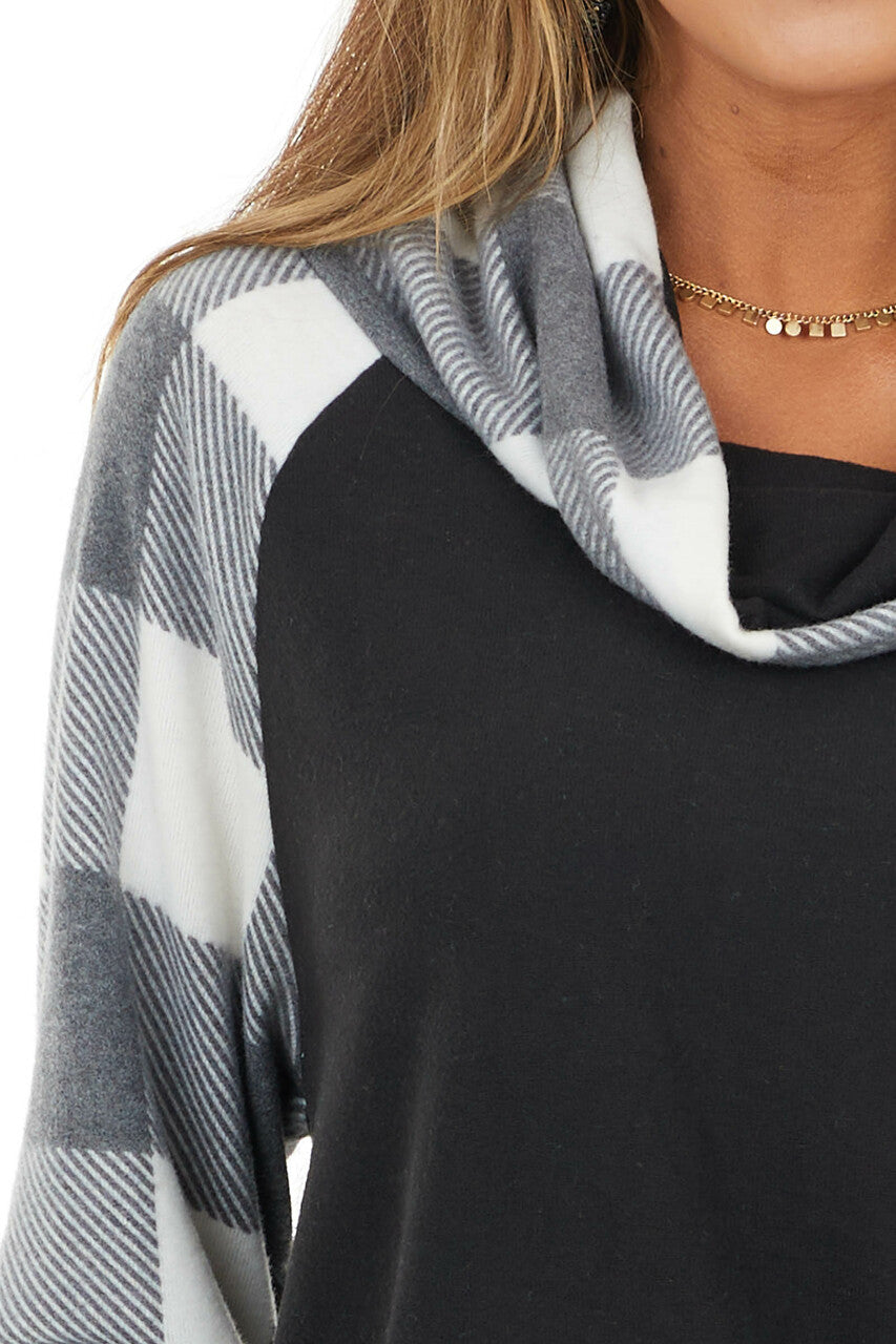 Black Super Soft Cowl Neck Top with Buffalo Plaid Sleeves