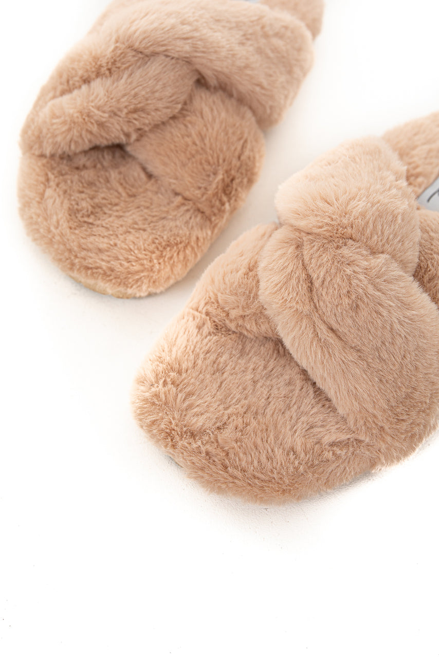 Desert Sand Fuzzy Sandal Slippers with Criss Cross Details
