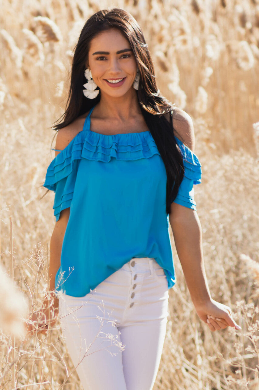 Cobalt Blue Cold Shoulder Blouse with Ruffle Detail