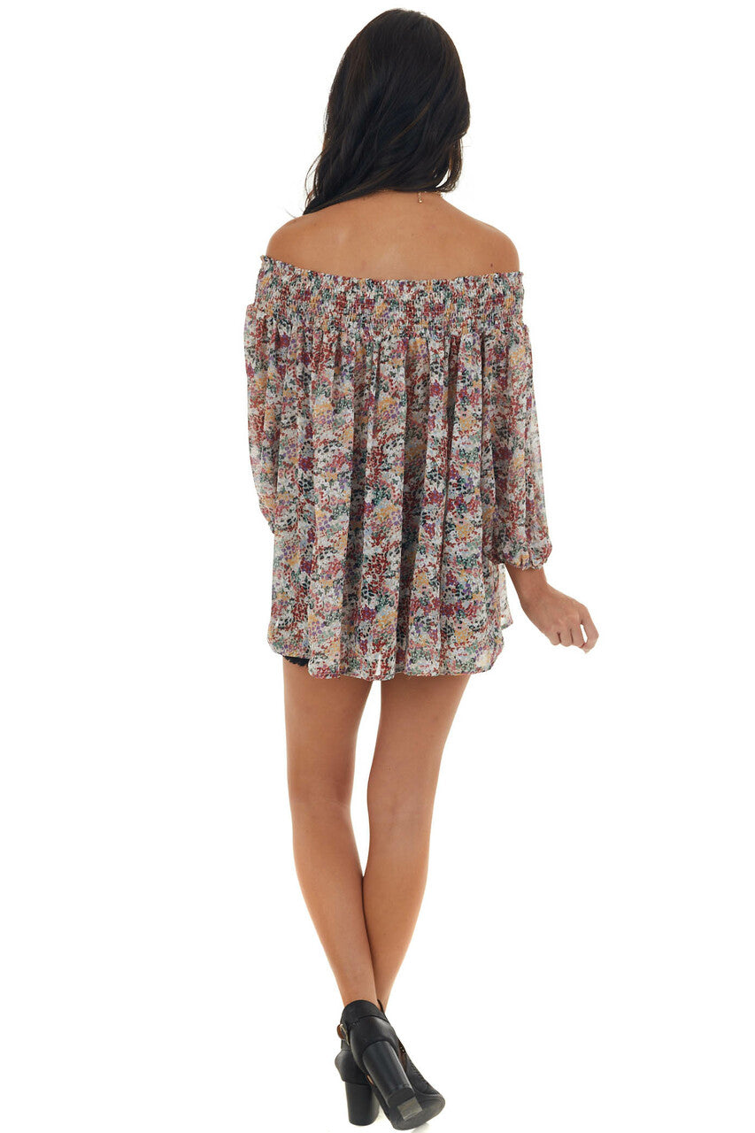 Latte Floral Print Smocked Off Shoulder Blouse 