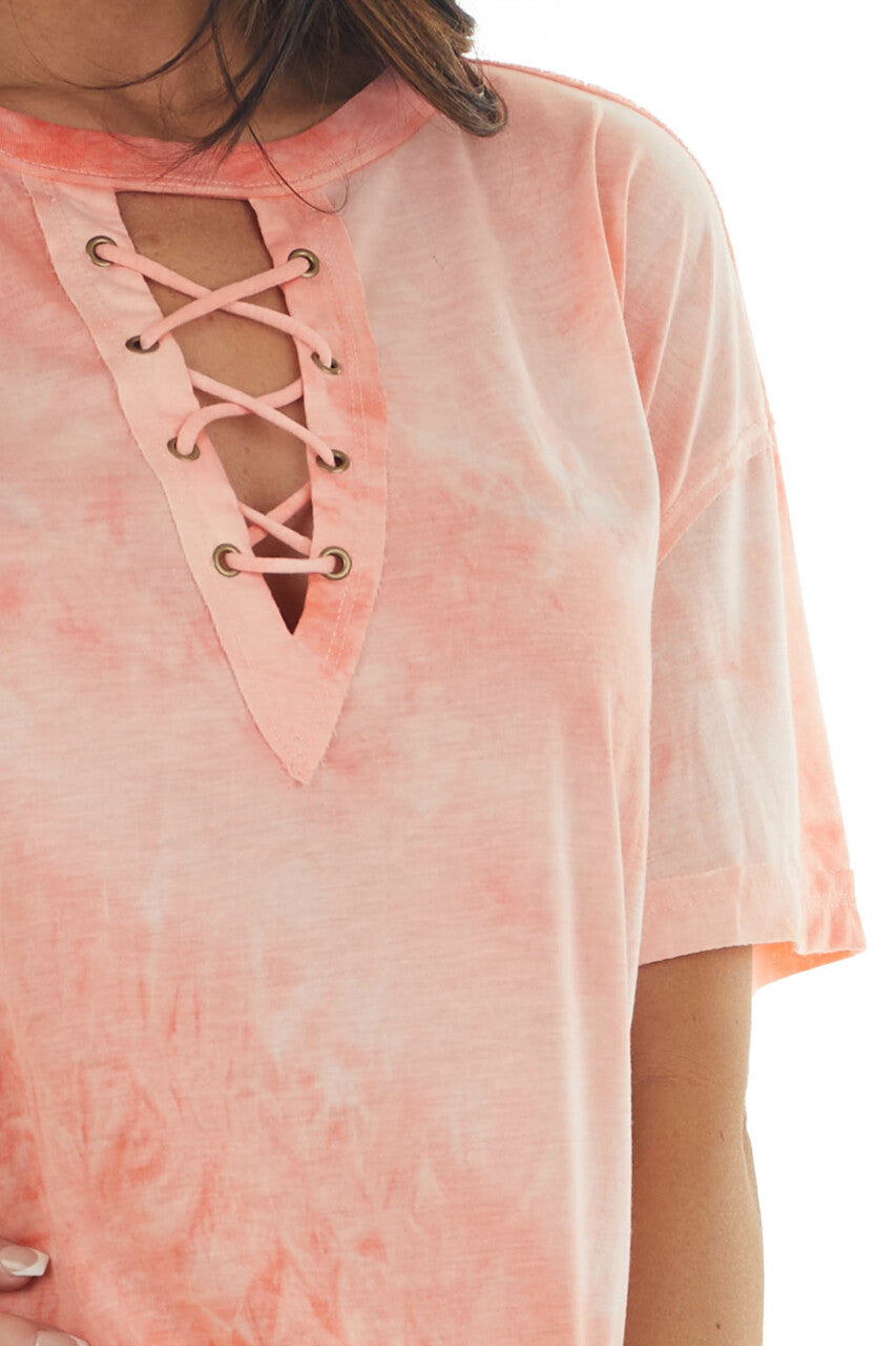 Coral Tie Dye Lace Up V Neck Short Sleeve Tee