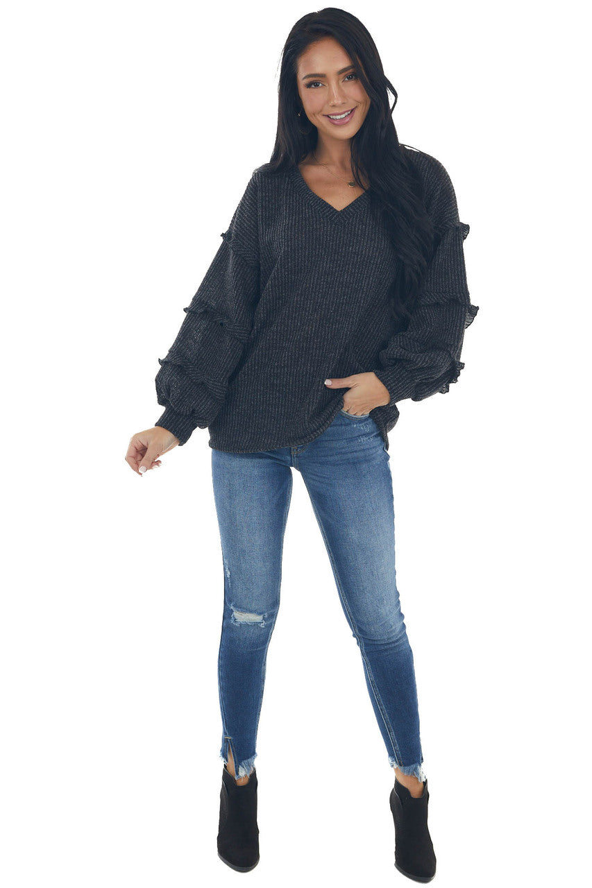 Charcoal Ribbed Knit Top with Ruffle Puff Sleeves