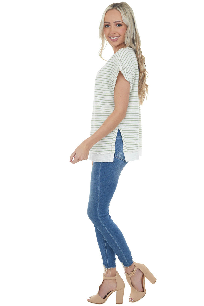 Sage and Ivory Striped V Neck Waffle Knit Top 