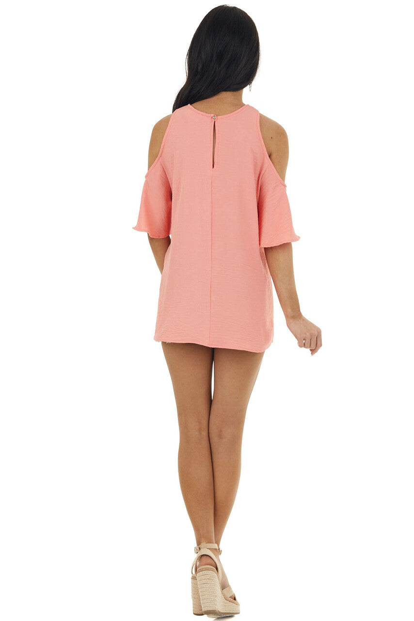 Coral Cold Shoulder Blouse with Criss Cross Halter Neck