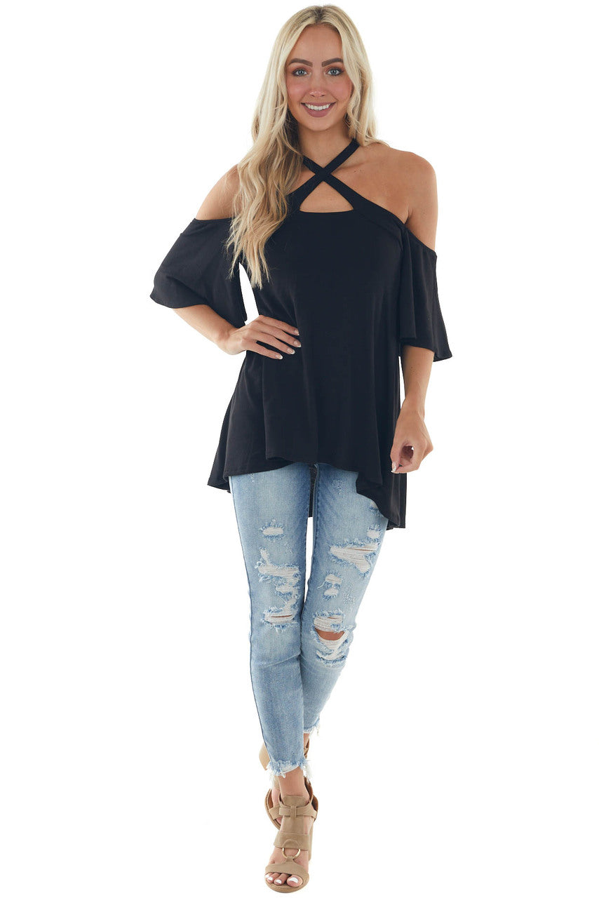Black Flutter Sleeve Cold Shoulder Halter Top