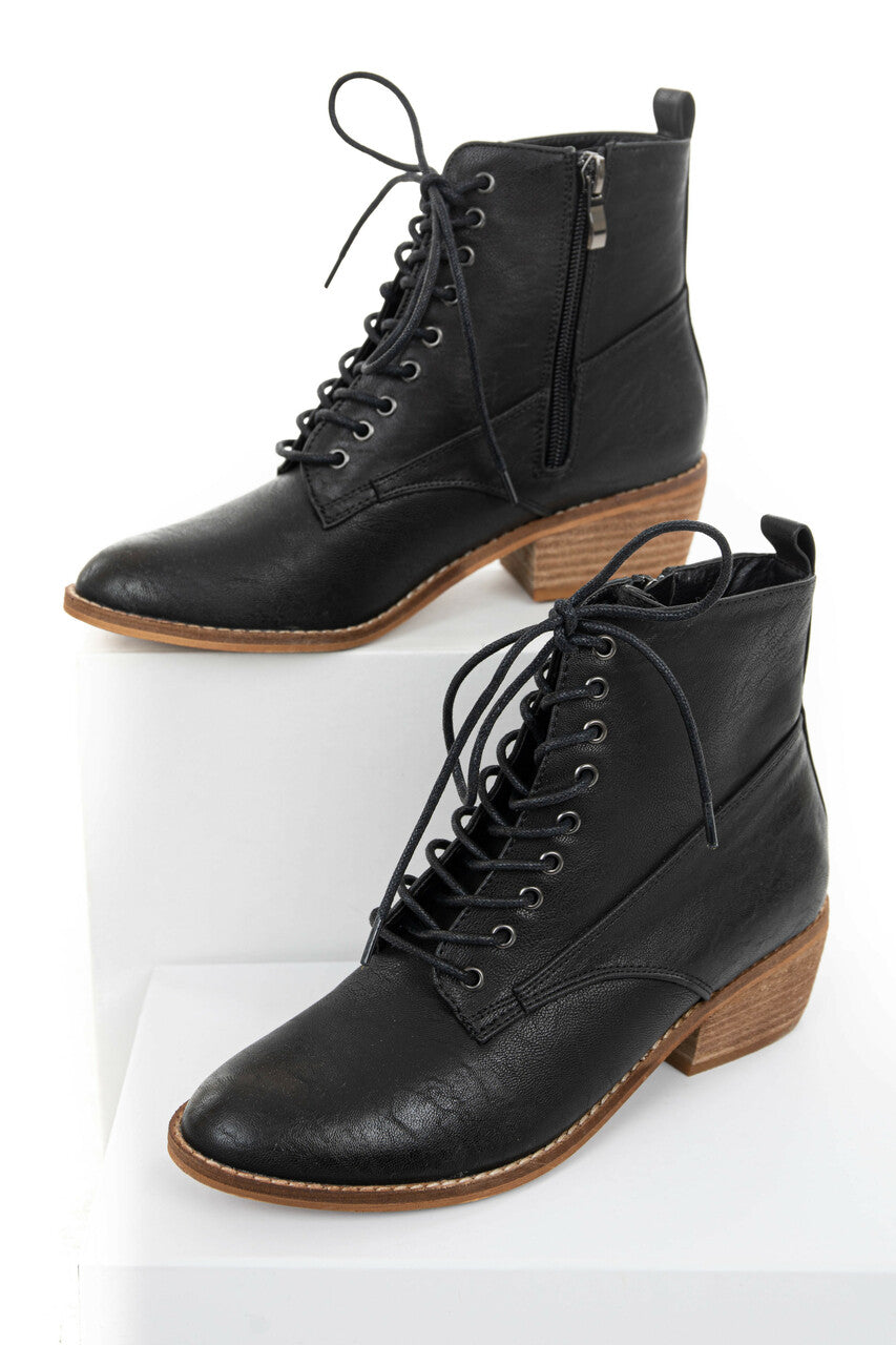 Black Faux Leather High Heeled Booties with Lace Up Front 