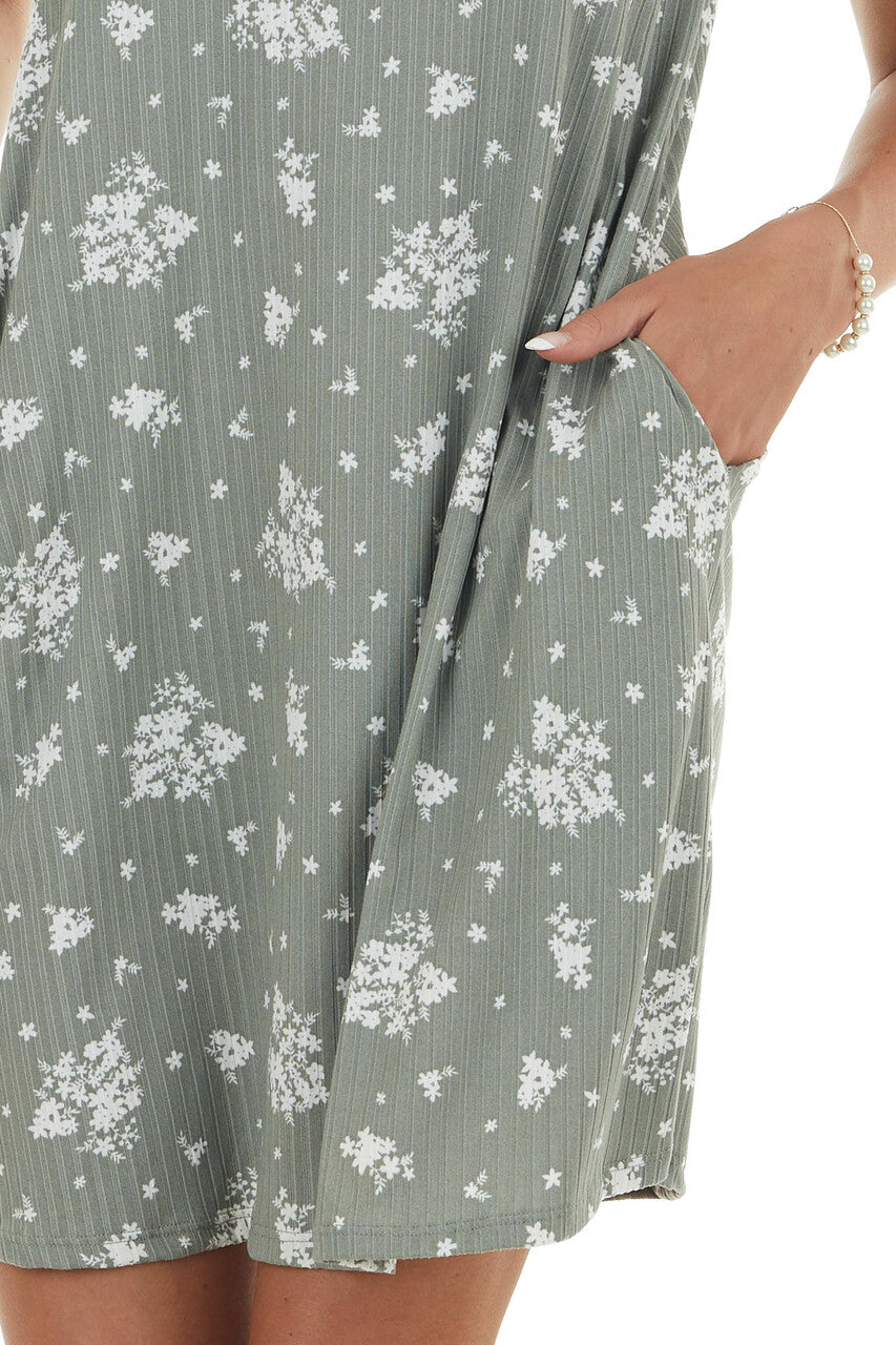 Sage Floral Print Mock Neck Ribbed Dress