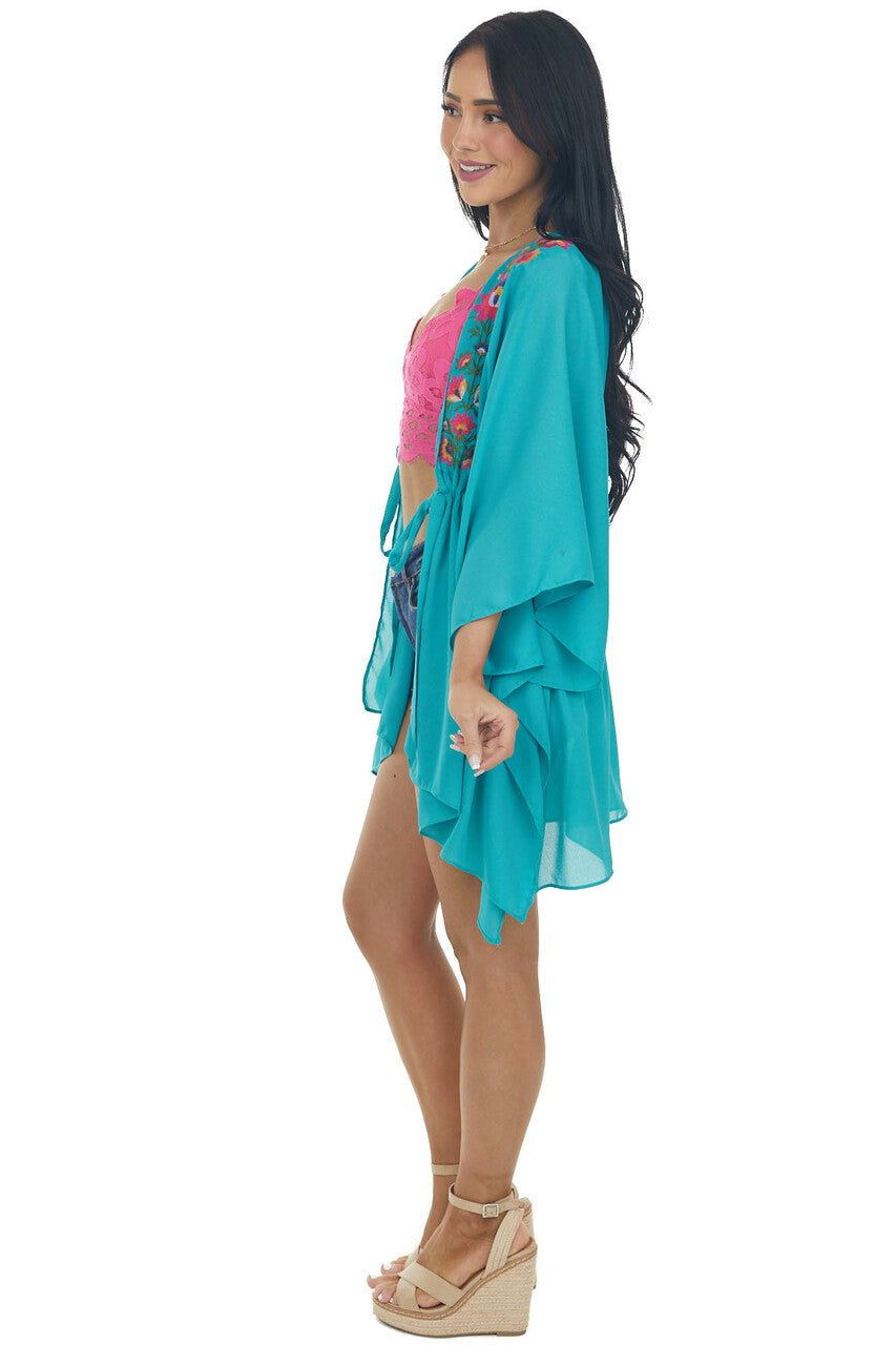 Jungle Green Floral Embroidered Waist Tie Kimono