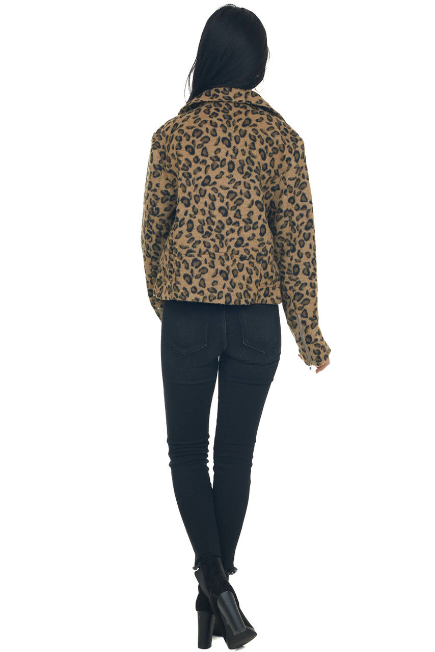 Peanut Brown Leopard Brushed Knit Moto Jacket 