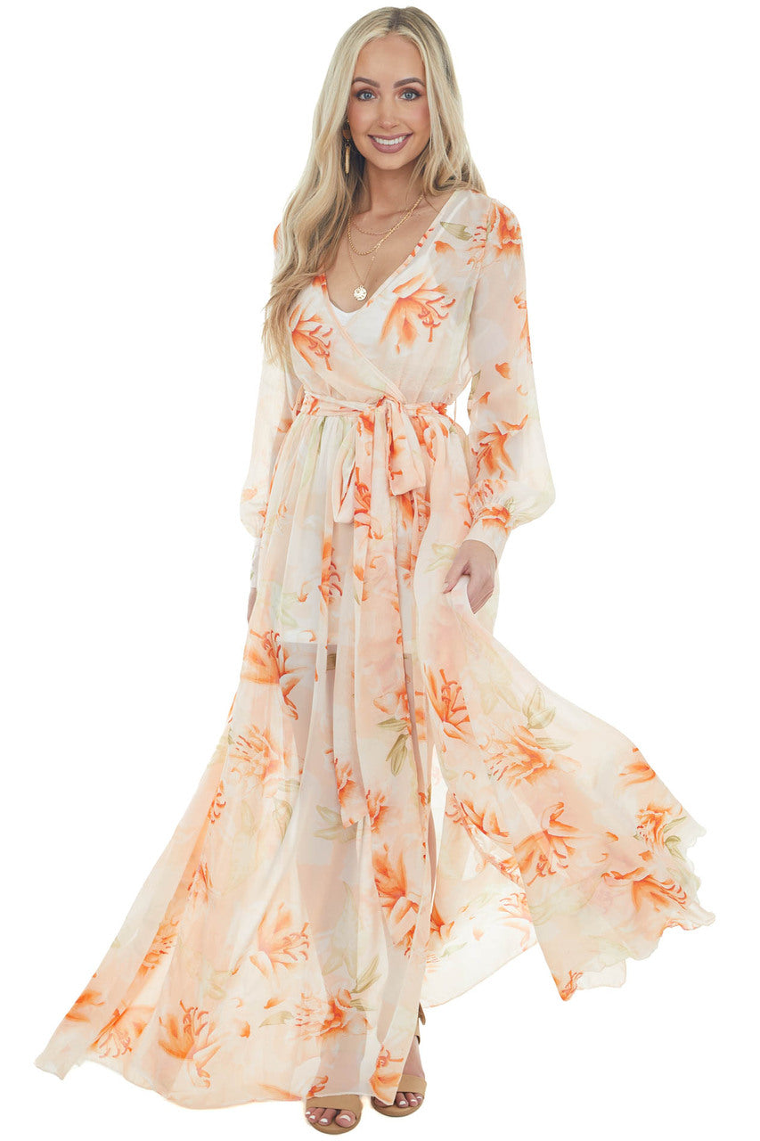 Light Peach Floral Print Long Sleeve Sheer Woven Maxi Dress