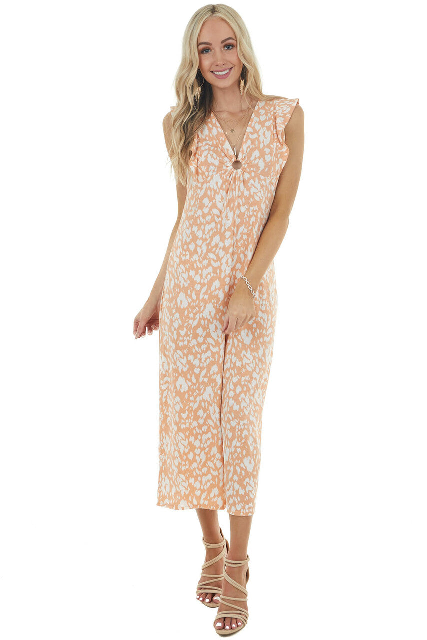 Salmon Printed Short Sleeve Jumpsuit with Front Ring Keyhole