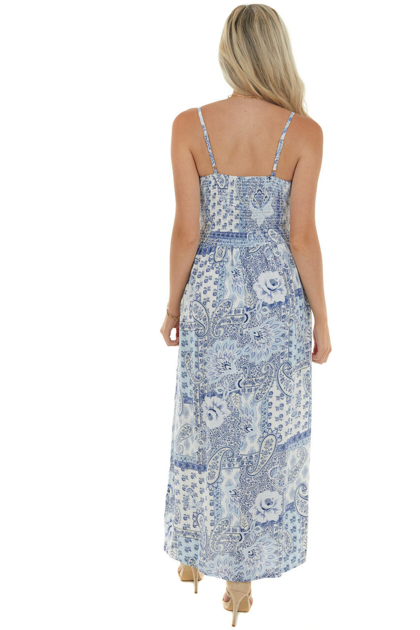 Pastel Blue Paisley Print Maxi Dress 