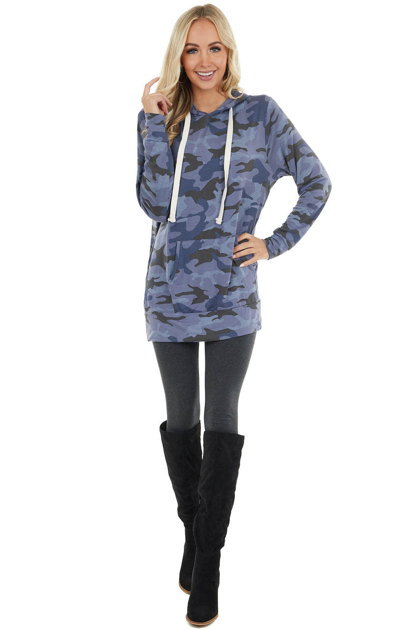 Navy Camo Print Lightweight Hoodie with Kangaroo Pocket