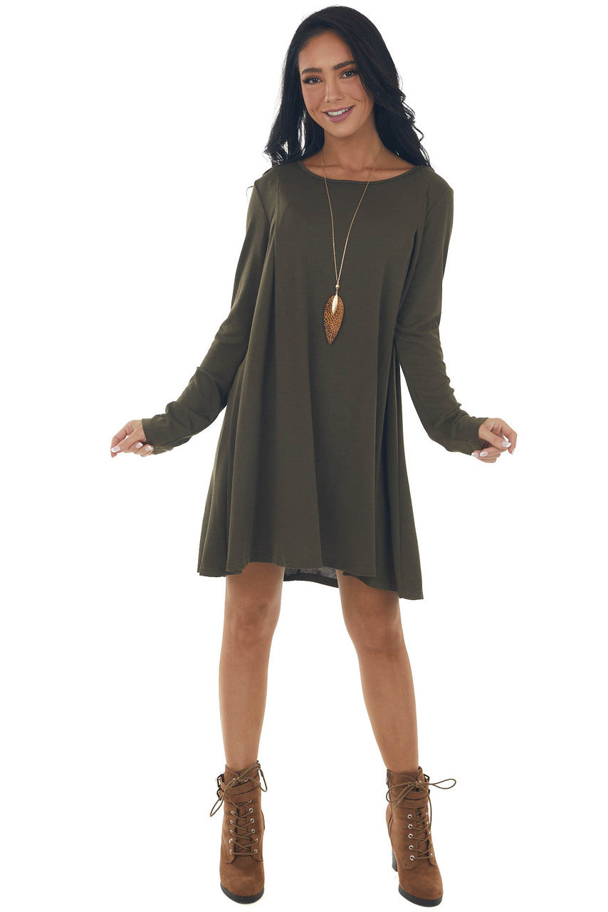 Olive Knit Long Sleeve Swing Dress