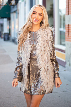 Ash Grey Sequin Cowled Back Flare Sleeve Dress