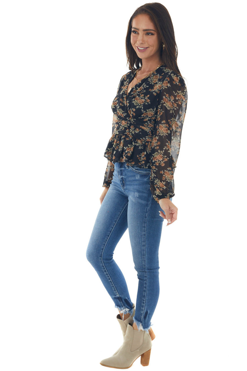 Black Floral Surplice Long Sleeve Woven Top