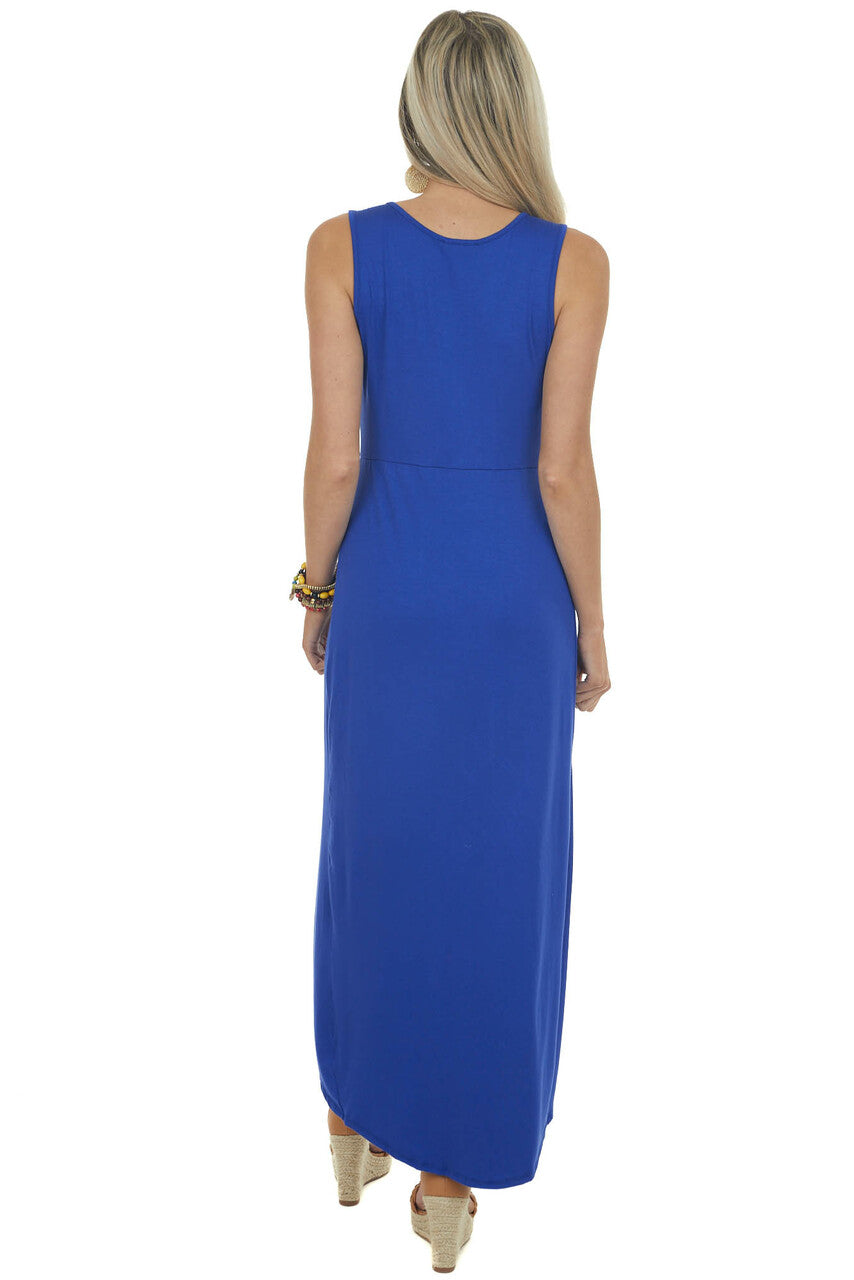 Royal Blue Drop Waist Sleeveless Maxi Dress with Side Slit
