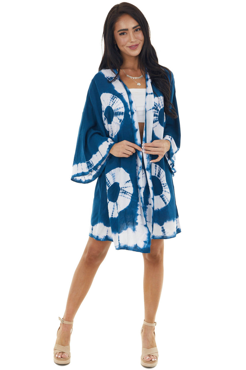 Sea Blue and Ivory Circle Tie Dye Woven Kimono 