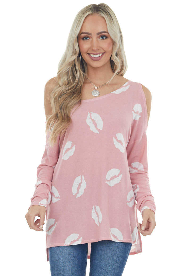Light Punch Lip Print Off the Shoulder Top