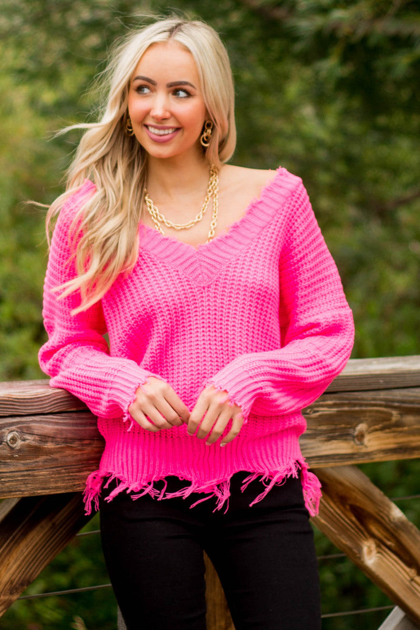Neon Pink Distressed Trim V Neck Sweater