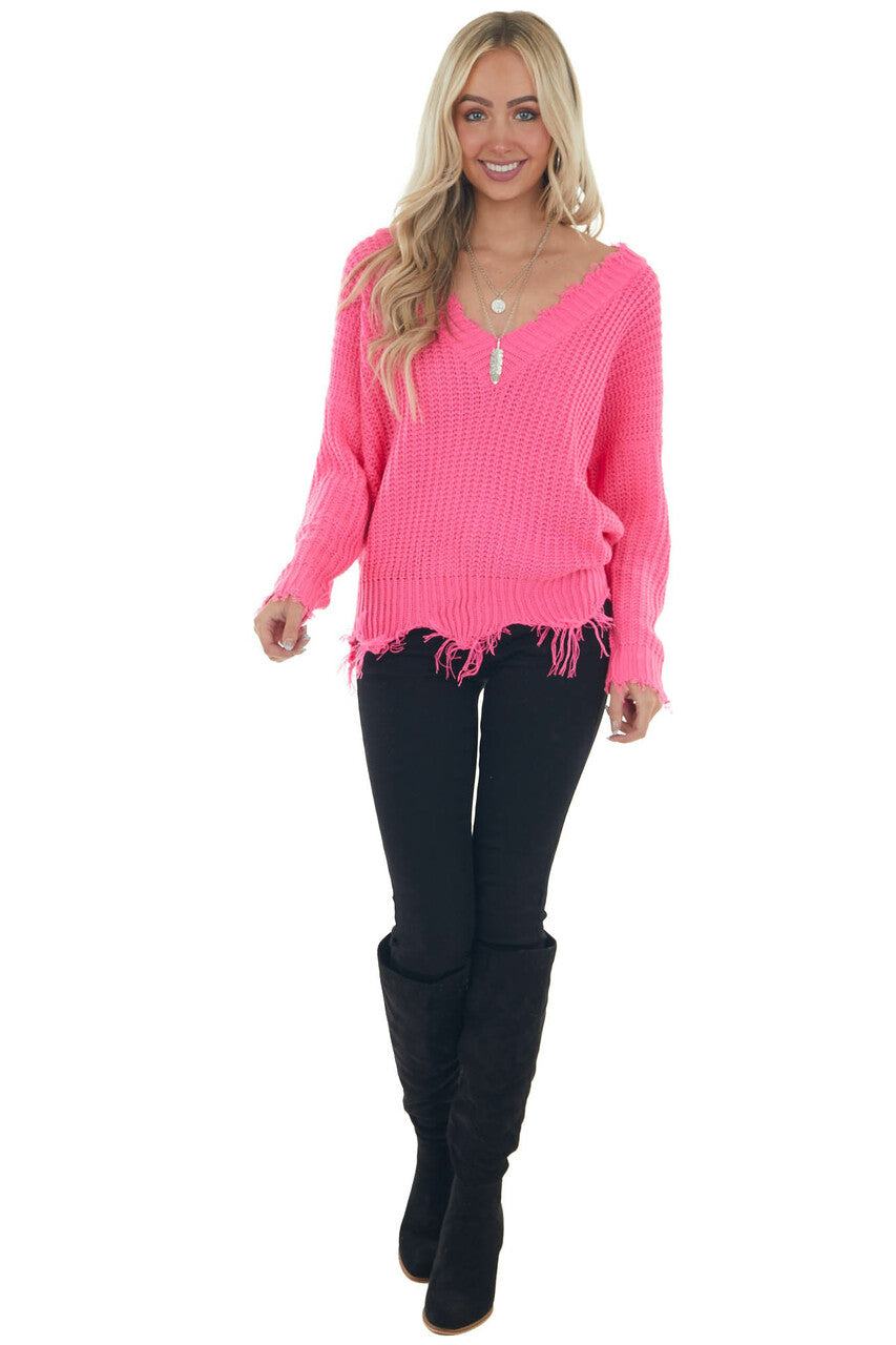 Neon Pink Distressed Trim V Neck Sweater