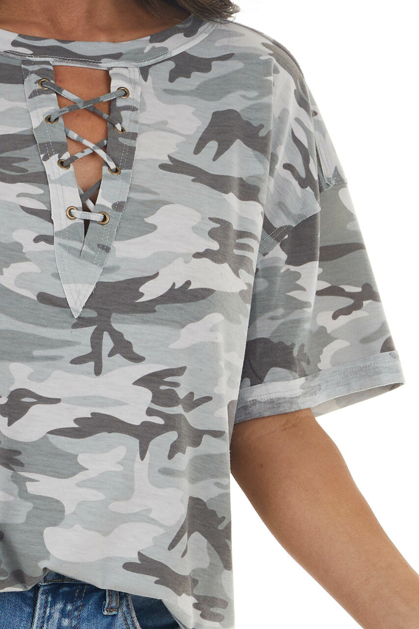Grey Camo Print Short Sleeve Knit Top