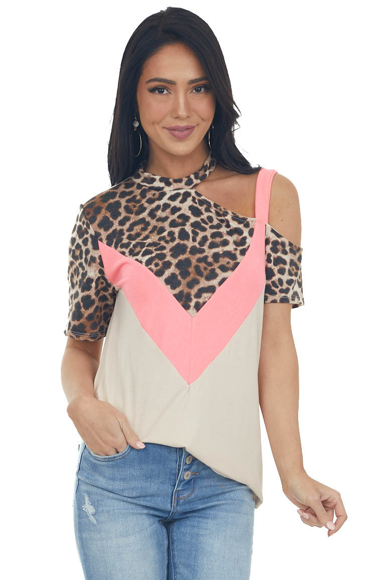 Beige and Neon Pink Leopard Print Top