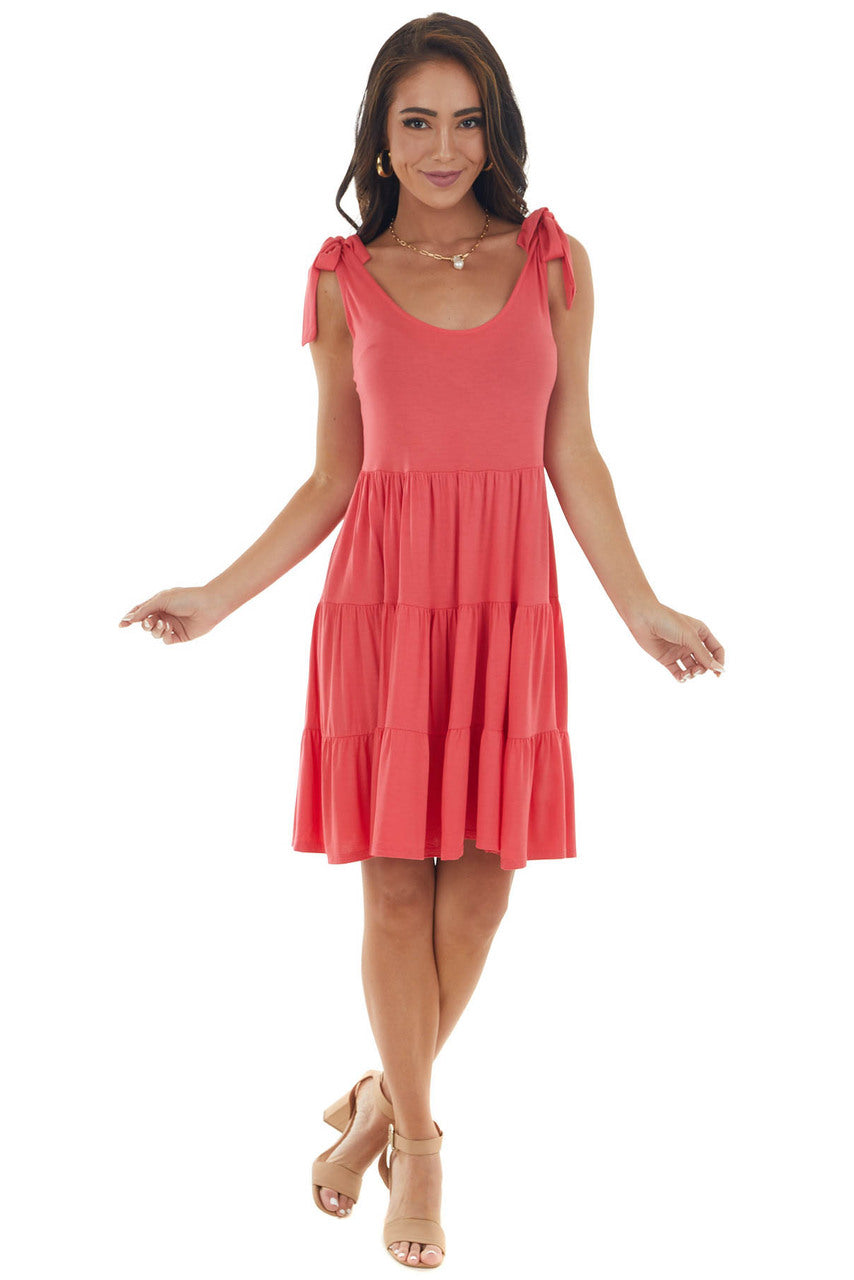 Watermelon Tiered Tie Strap Knit Short Dress 