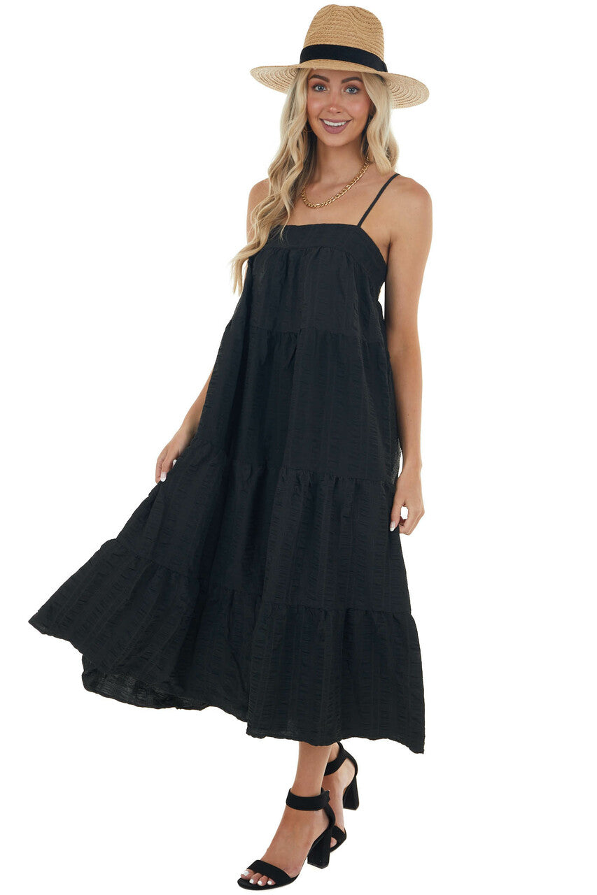 Black Textured Tiered Tent Midi Woven Dress
