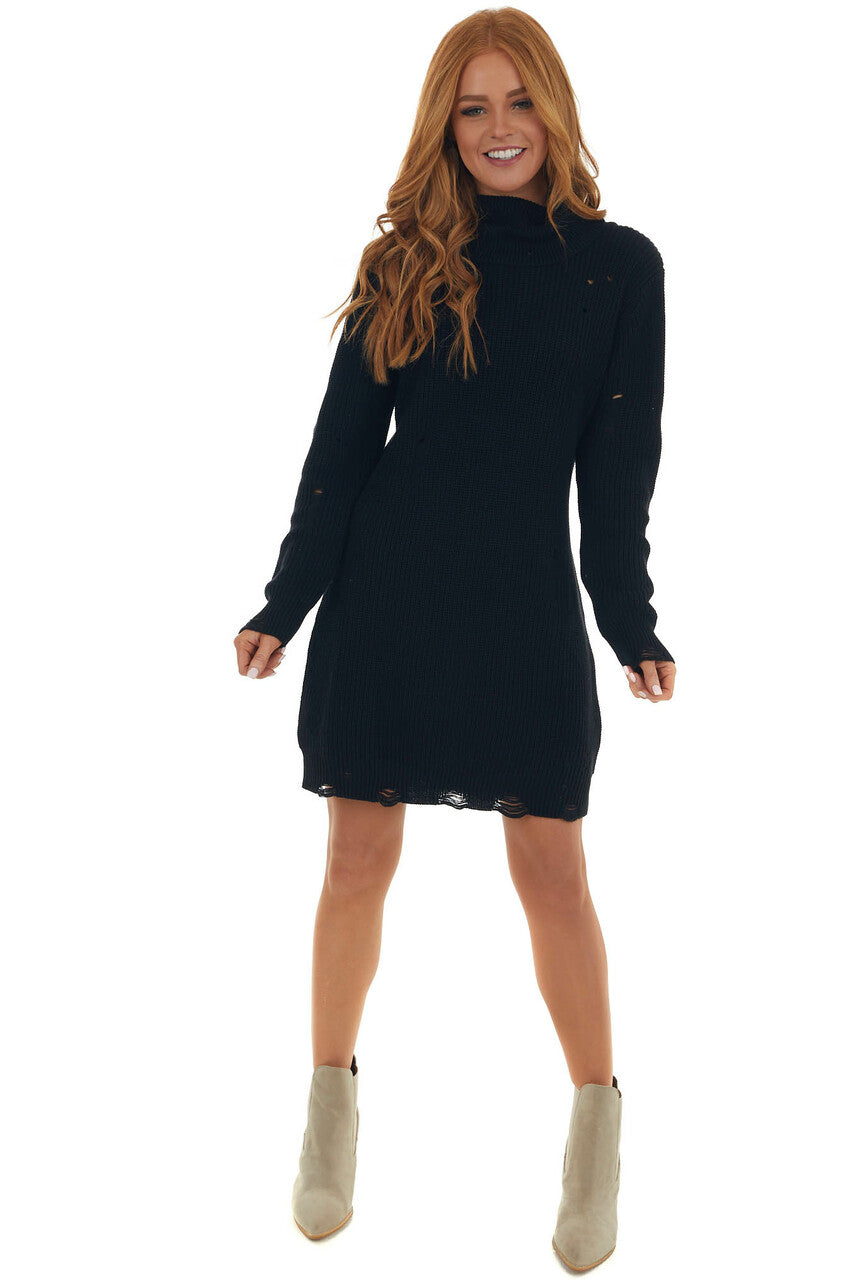 Black Distressed Turtleneck Sweater Dress 