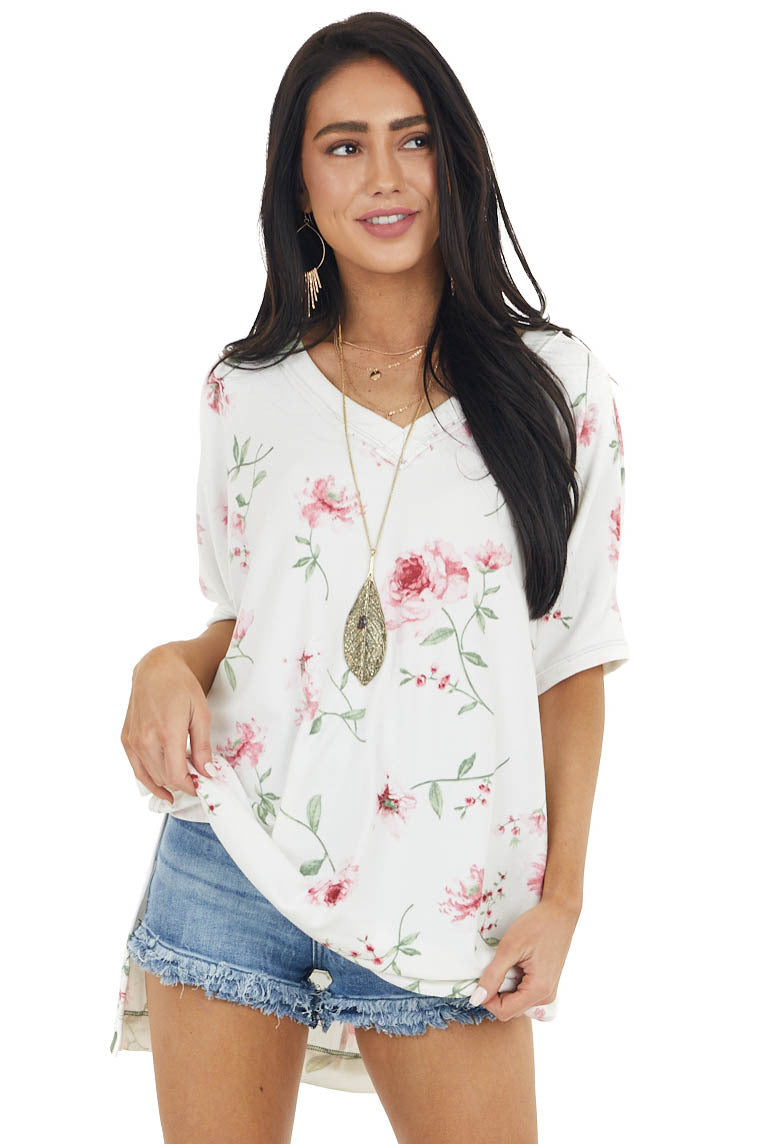 Ivory and Pink Floral Print V Neck Top with Short Sleeves 