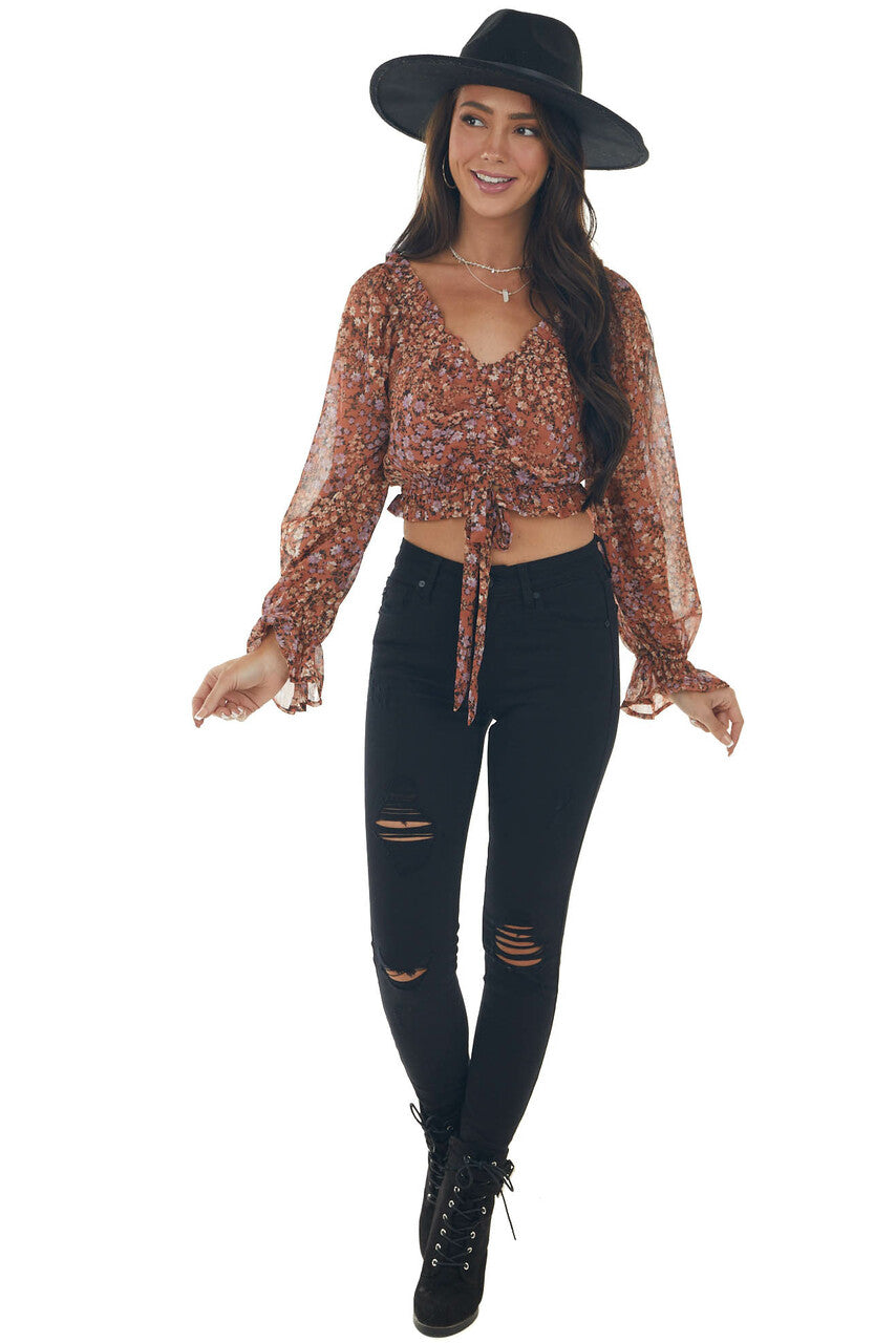 Terracotta Floral Off Shoulder Cropped Top