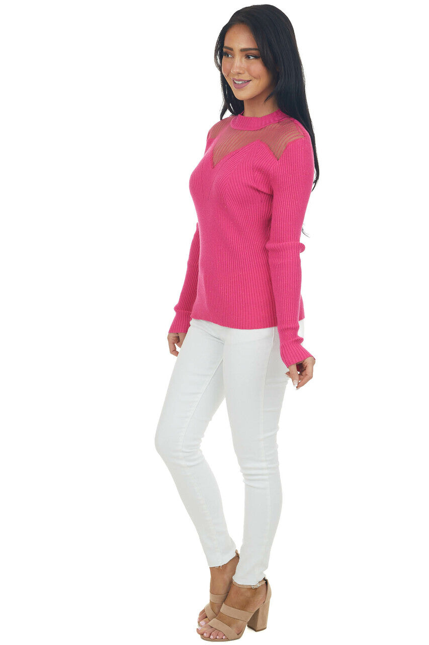 Magenta Long Sleeve Mesh Yoke Ribbed Knit Top