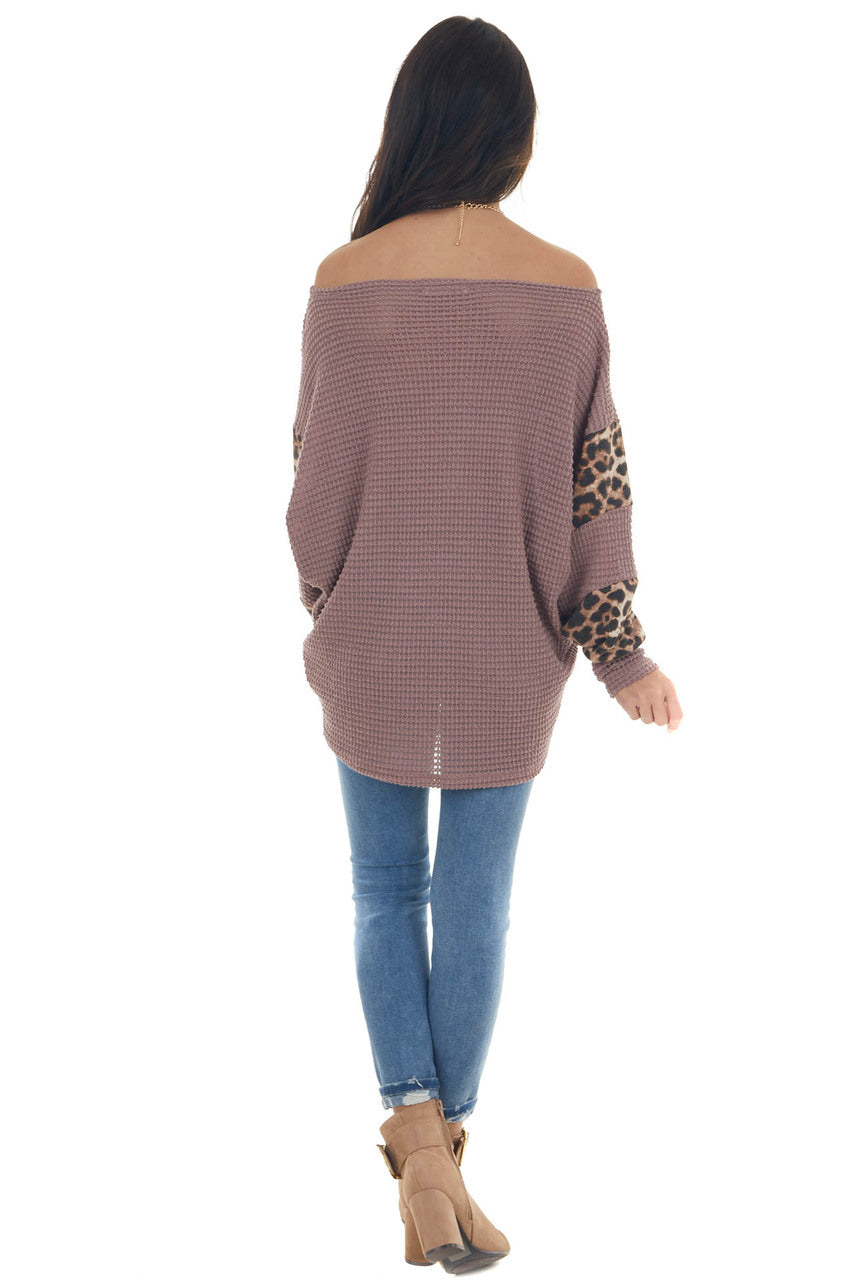Rose Taupe and Leopard Dolman Sleeve Waffle Knit Top