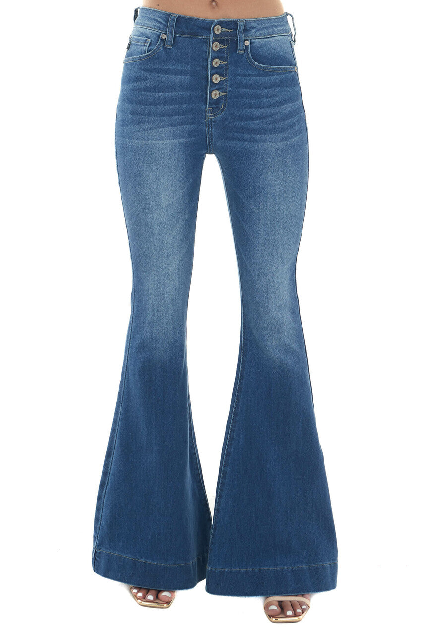 Mid Wash High Rise Button Up Fly Flare Jeans 