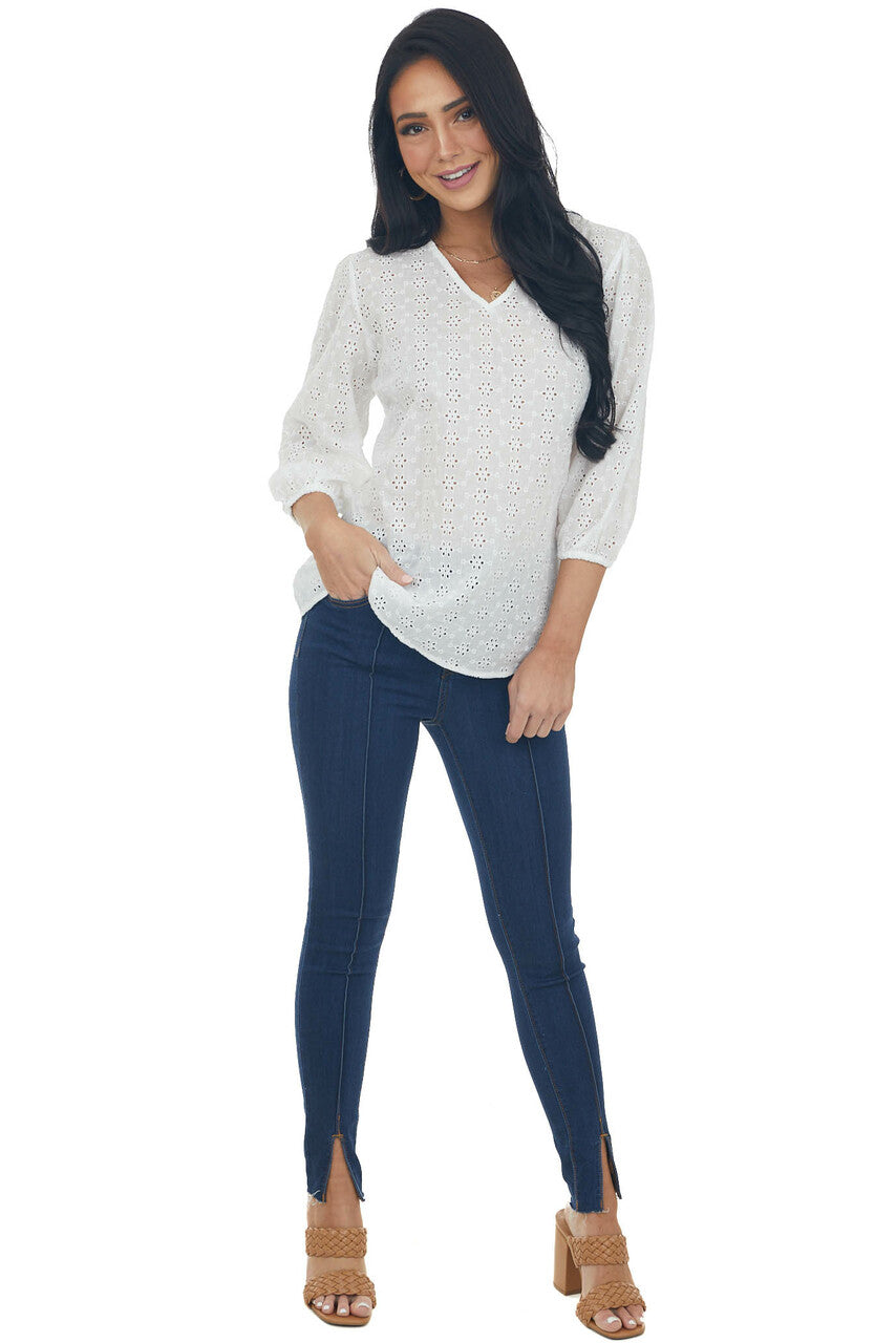 Ivory 3/4 Sleeve Floral Eyelet Lace Blouse with V Neckline