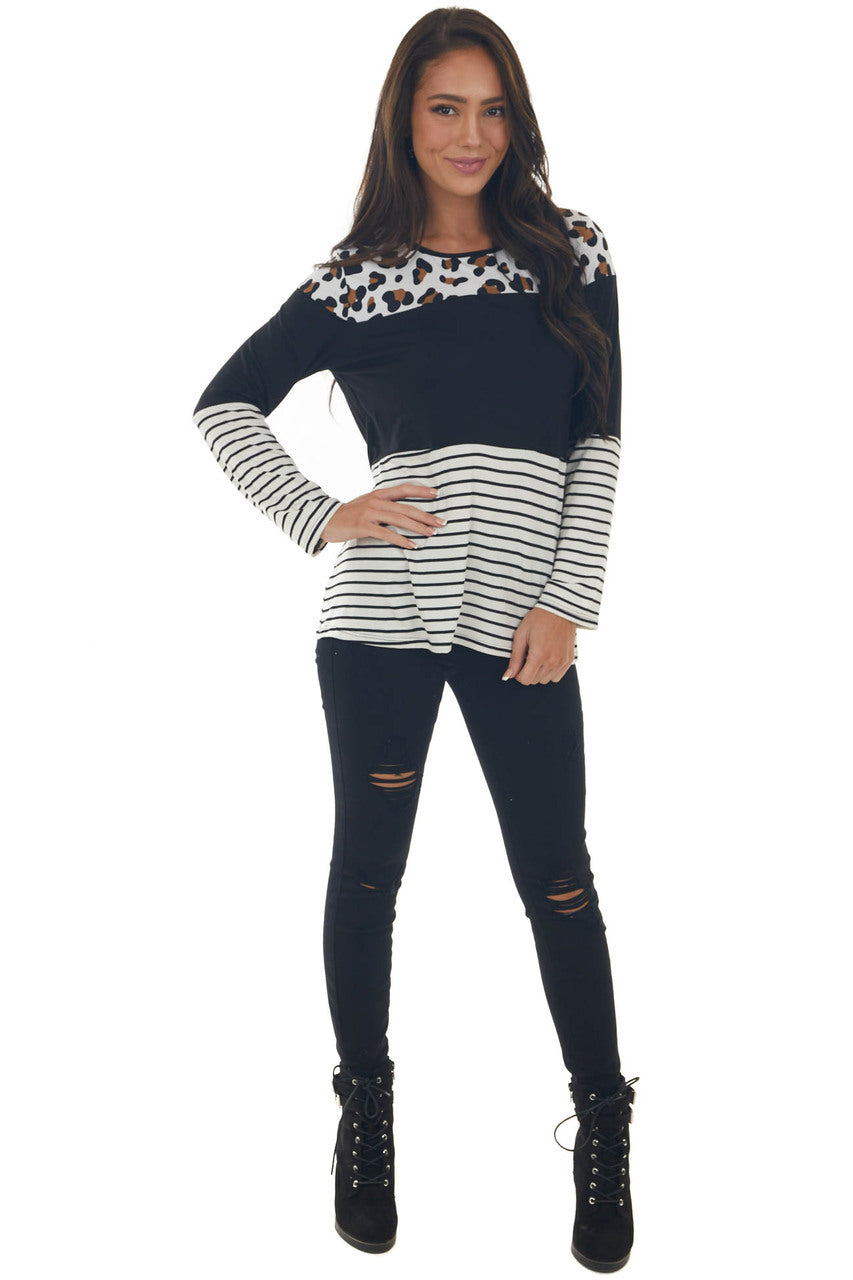 Black Colorblock Leopard Print Long Sleeve Top