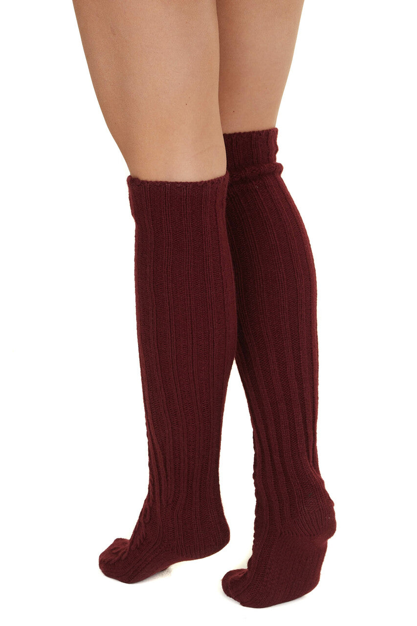Burgundy Cable Knit Textured Knee High Cozy Socks