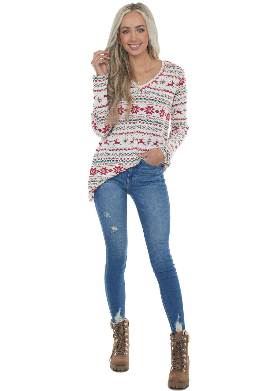 Vanilla Holiday Print V Neck Knit Top