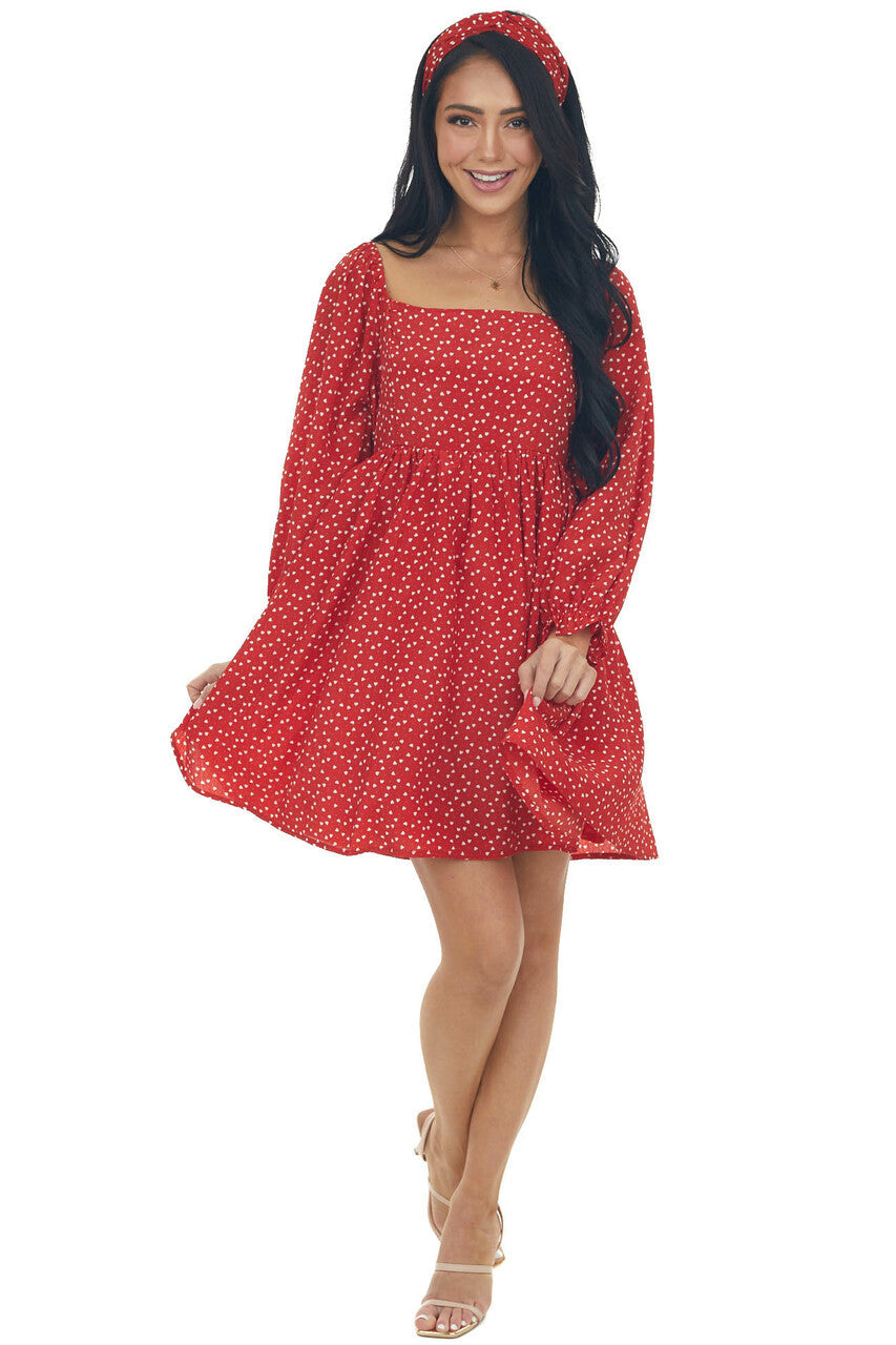 Lipstick Red Heart Print Babydoll Mini Dress