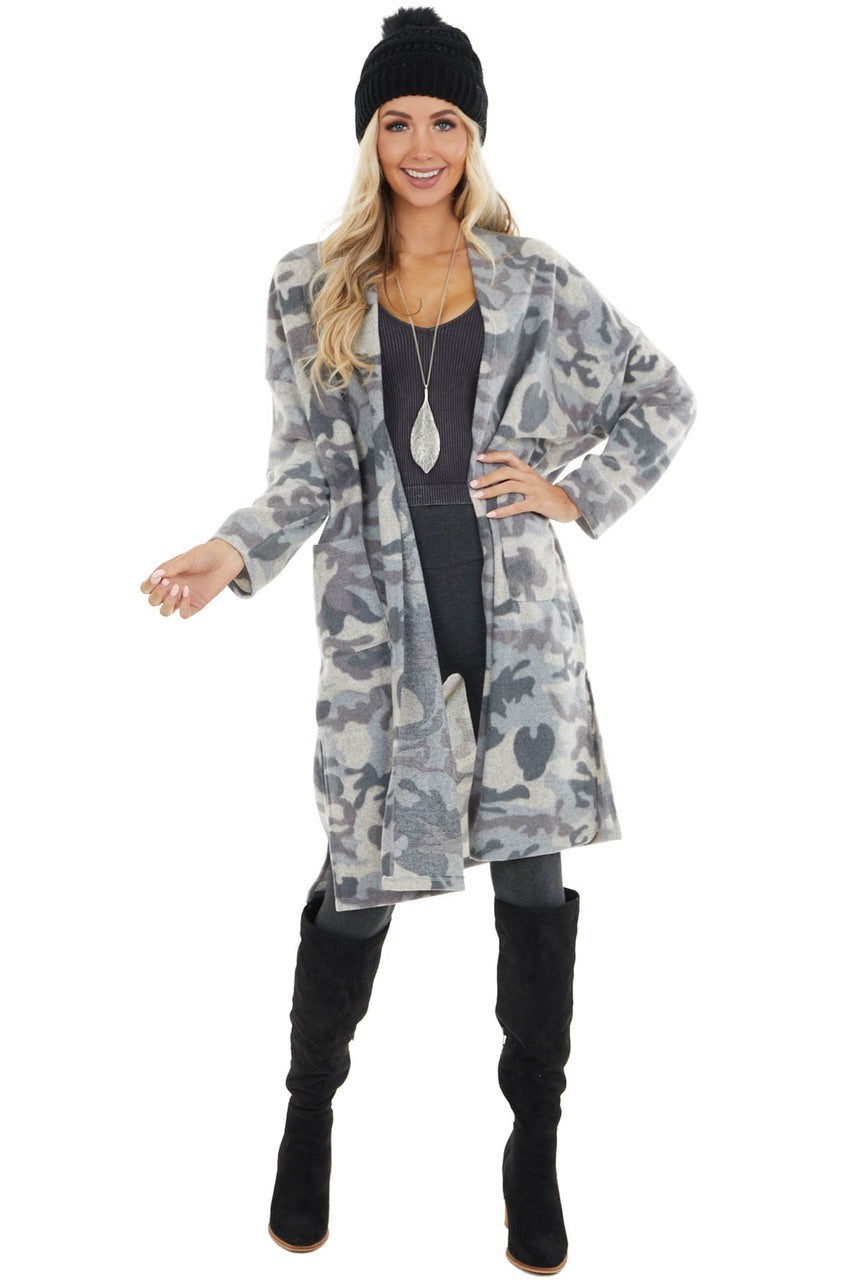 Powder Blue Camo Print Long Sleeve Cardigan with Pockets