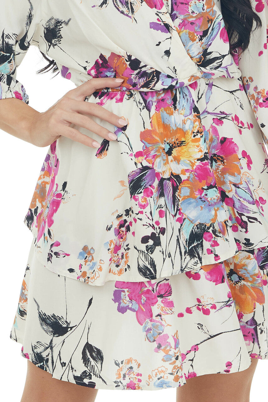 Cream Floral Surplice Neck Mini Dress with Long Sleeves