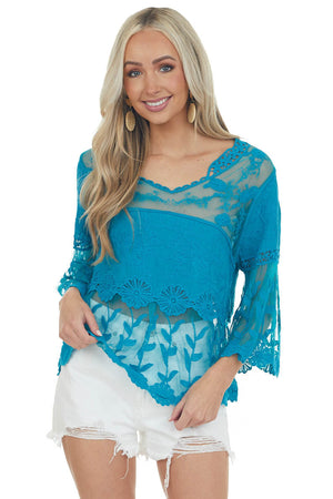 Teal Crochet Lace and Sheer Mesh Blouse
