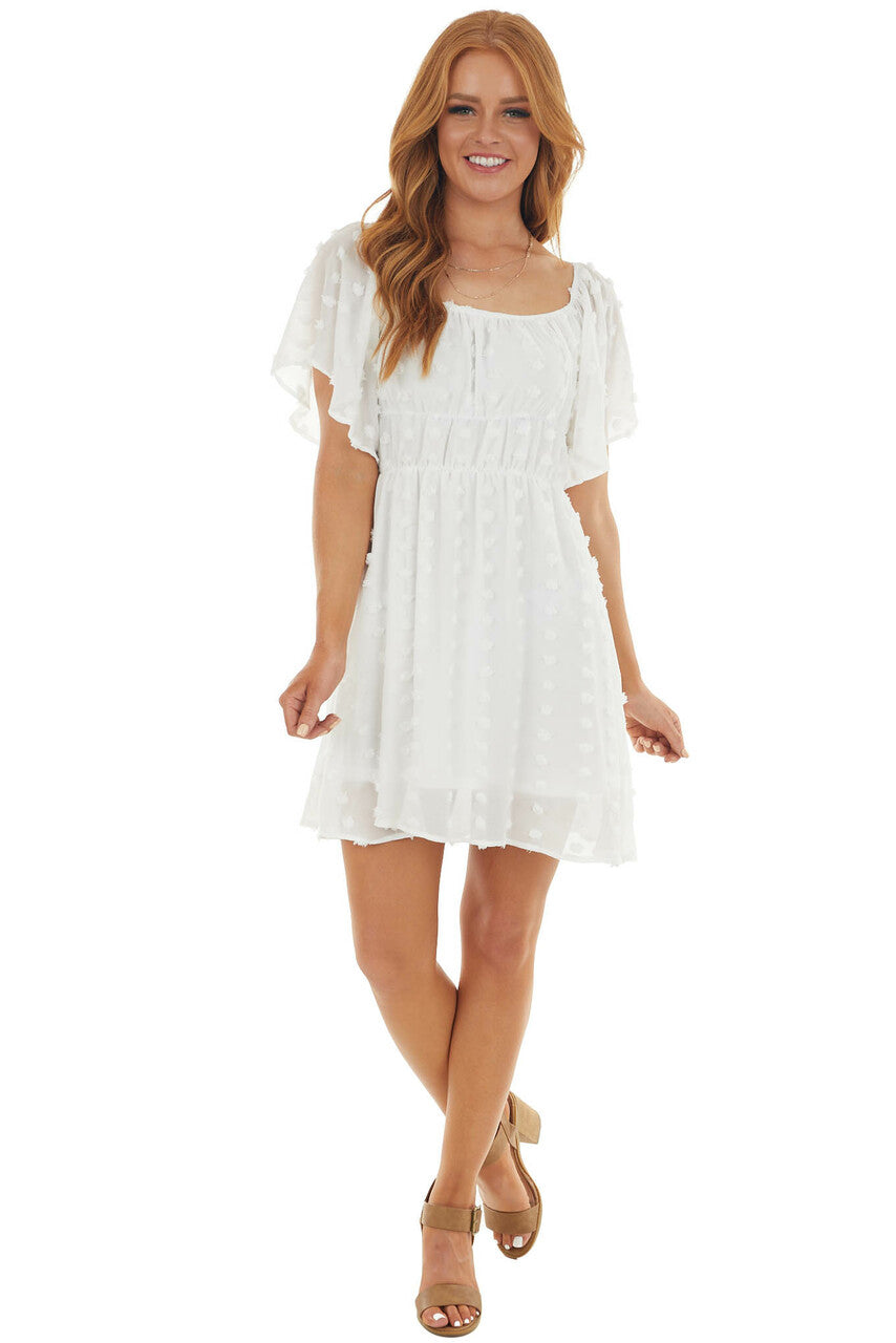 Pearl Off Shoulder Swiss Dot Woven Short Dress
