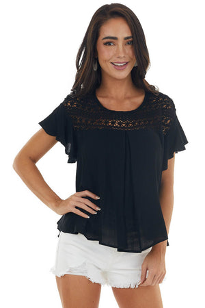 Black Lace Yoke Short Sleeve Ruffle Top