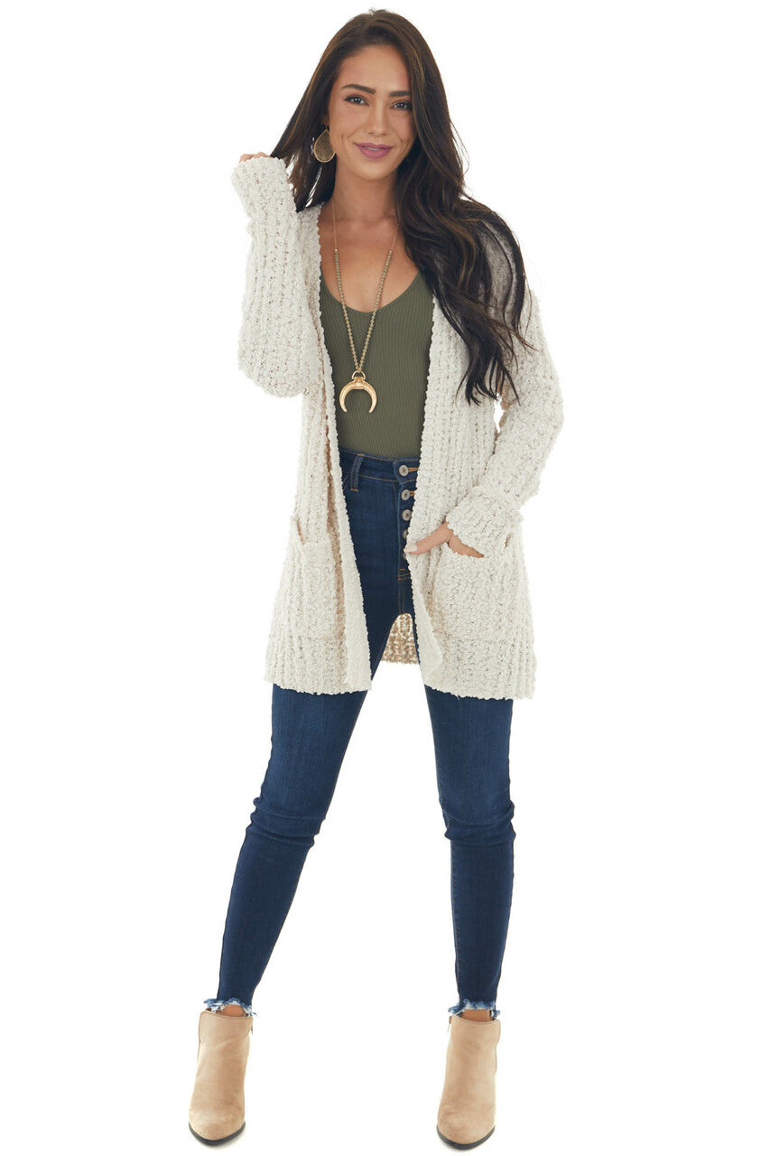 Ivory Long Sleeve Popcorn Knit Cardigan 