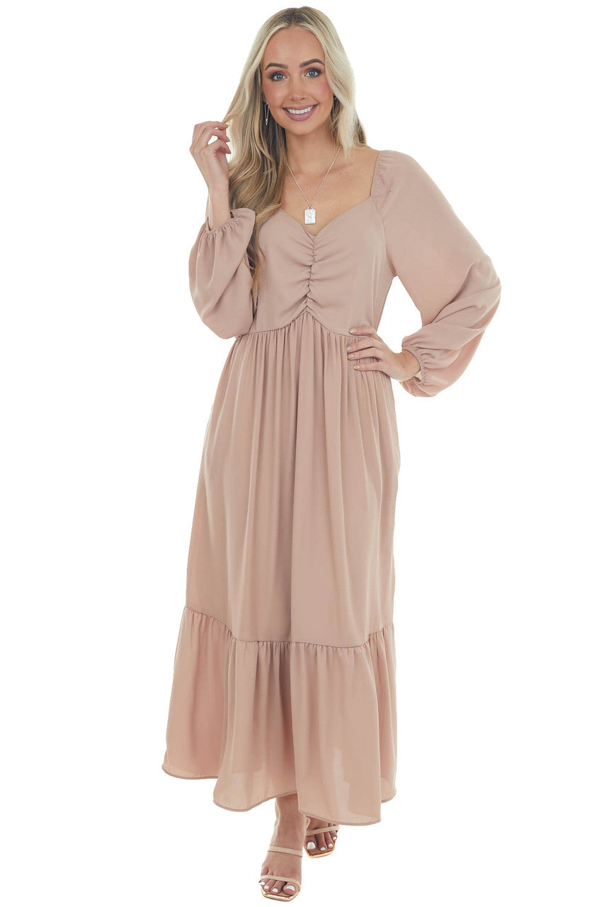 Light Rose Taupe Ruched Long Sleeve Maxi Dress