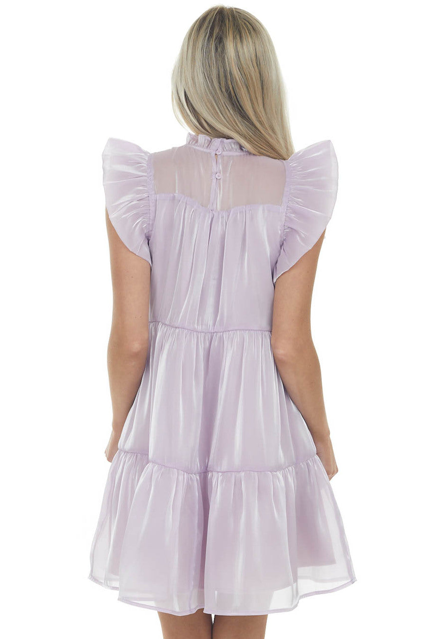 Lilac Glossy Short Dress with Flutter Sleeves