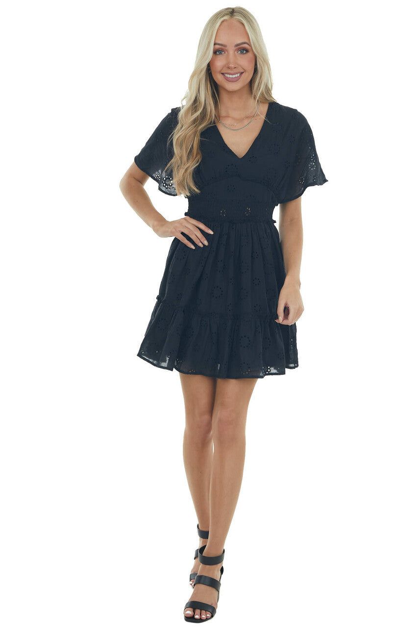 Black Eyelet Lace Smocked Waist Mini Dress